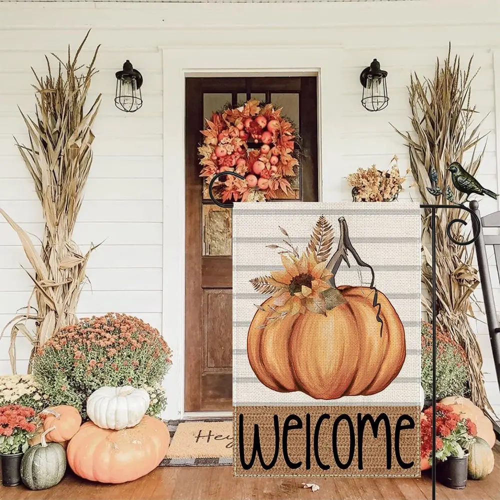 GEEORY Fall Welcome Garden Flag 12.5 x 18 Inch, Pumpkin Sunflower Double Sided Small Decorative Flag for Outside Yard Lawn Outdo