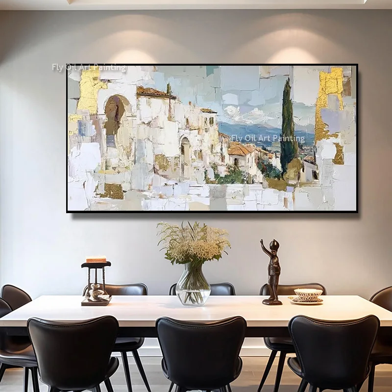 Gilded Tuscan Village Canvas, Hand‑painted Textured Oil Painting, Mediterranean Horizontal Bedroom Wall Art Decor