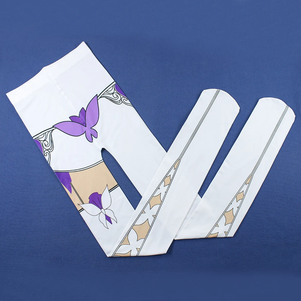 Anime Honkai: 스타 레일 Castorice 코스프레 의상 팬티 스타킹 흰색 보라색 나비 여성 JK 스타킹 소녀 유니폼 액세서리