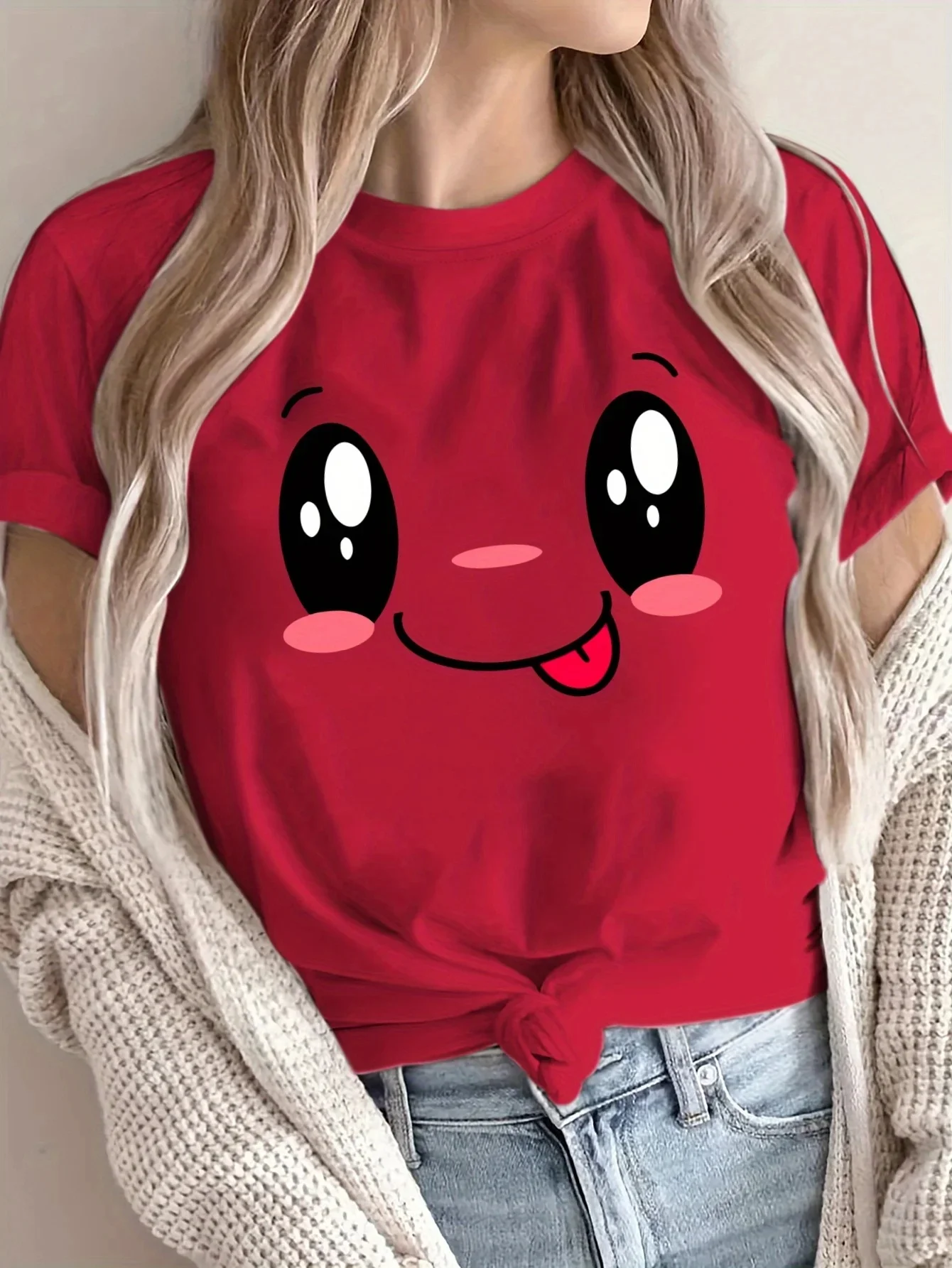 

Женская милая футболка с мультяшным лицом, дышащая спортивная летняя футболка с короткими рукавами в стиле Харадзюку, уличная футболка с 3D принтом, сухая и дышащая