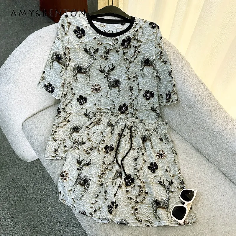 

Beaded Diamond Drills Cartoon Deer Print Short-sleeved T-shirt Outfits 2025 Summer Loose Casual Top Shorts Two-pieces Sets Women