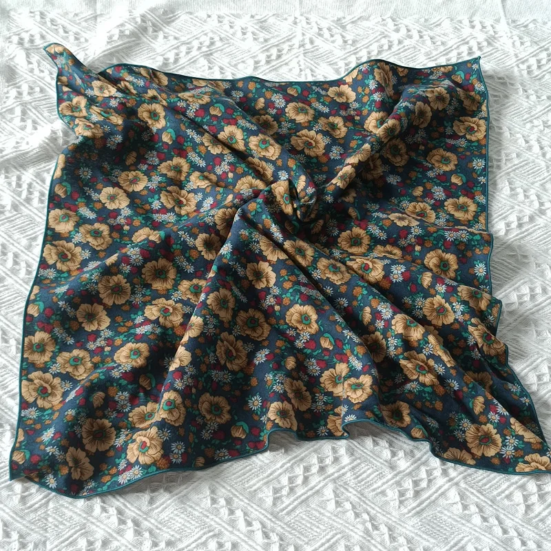 60cm Elegant Cotton Men\'s Cravat Floral Striped Navy Square Scarf With Button Birds Leaves Print Soft Neckerchief Suit Bandelet