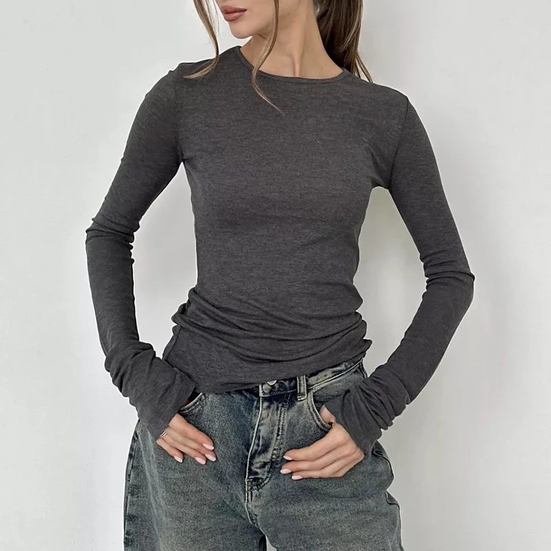 

BKLD Минималистичные женские однотонные футболки для отдыха, осень 202, с длинным рукавом и круглым вырезом, облегающие пуловеры, футболки, топ, базовая универсальная одежда