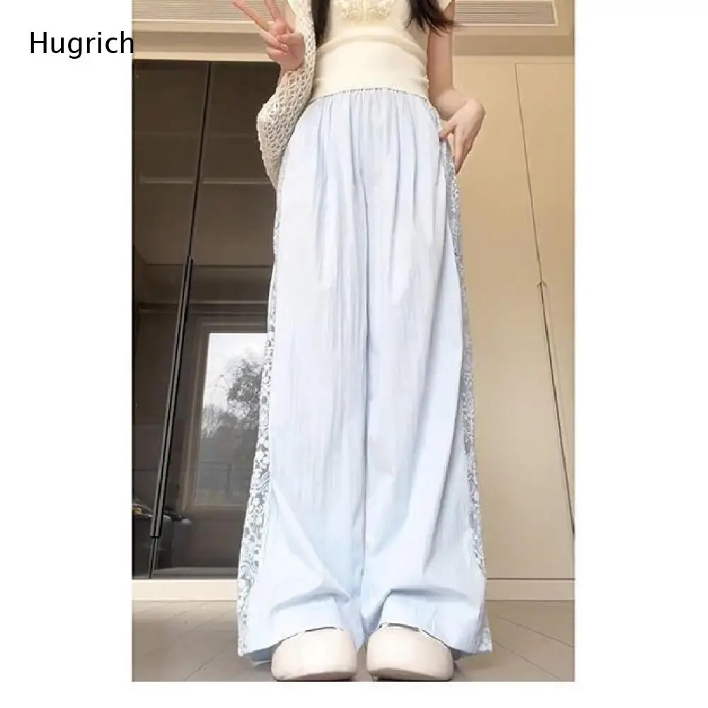 Loose Wrinkle Casual Wide Leg Pants Women Elastic High Waist Side Lace Trim Light Blue Breathable Floor Straight Trousers