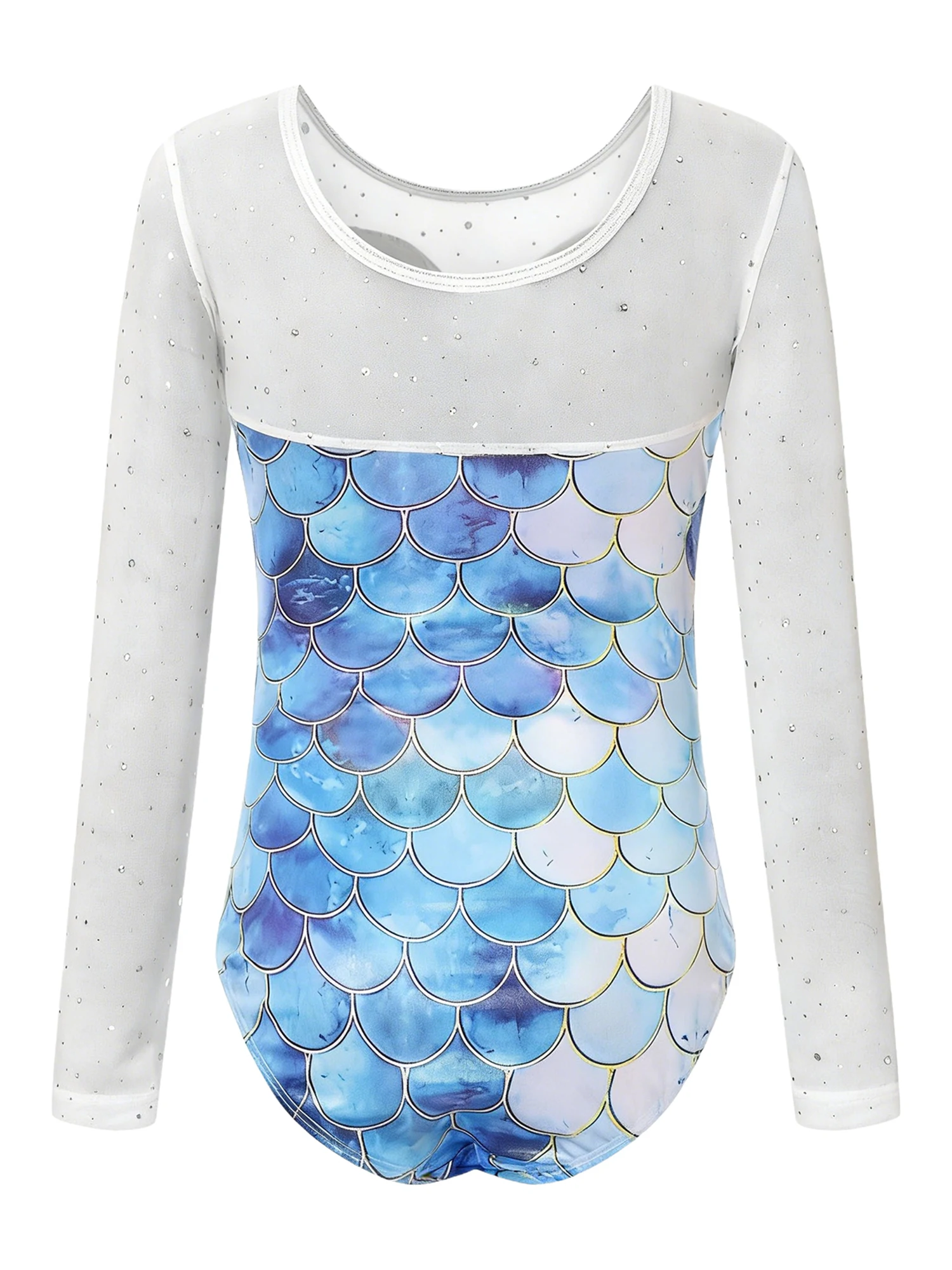 Girls Fish Scale Leotard Shiny Sequins Mesh Long Sleeve Gymnastics Dancewear with Metallic Shorts Hairband for Stage
