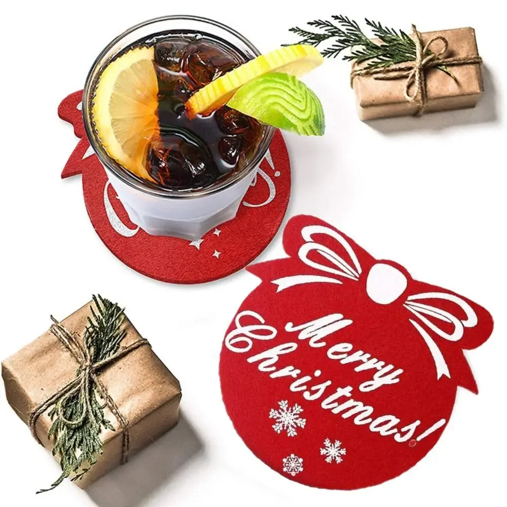 Christmas Felt Coasters Red Christmas Ball Shaped Absorbent Heat Insulation Placemats Antifouling Cup Mat Pads Table Accessories