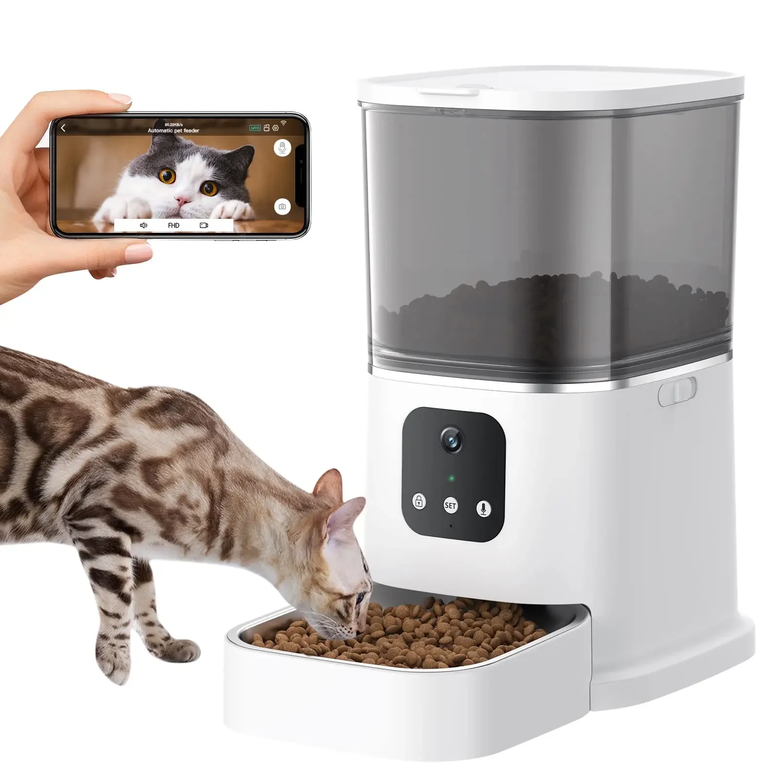 Automatic Cat Feeder with Camera HD Video WiFi Pet Feeder 2-Way Audio Food Treat Dispenser for Cat Dog APP Control Timer 6L