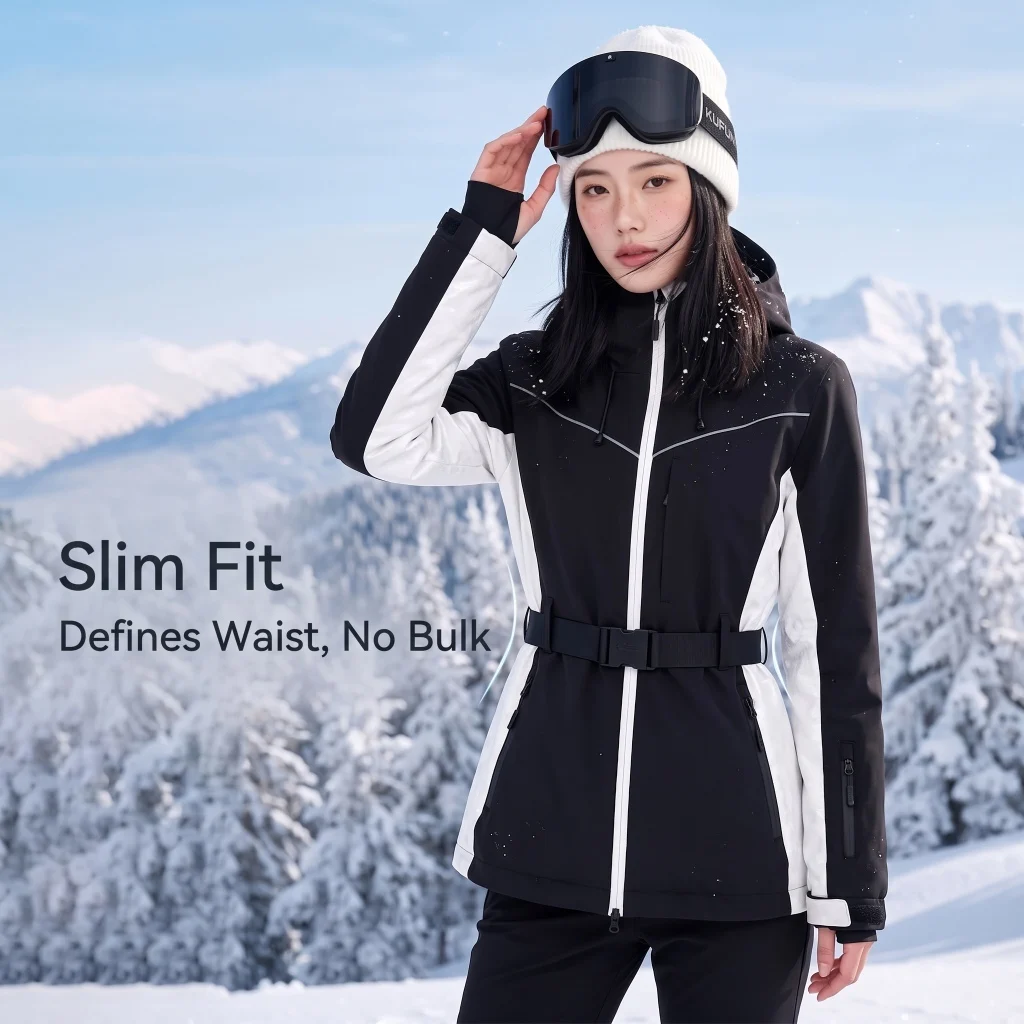 KUFUN Ski Wear 3L Polyester Padded Jacket Slim Fit Skateboard Waterproof Windproof Lady Thick Winter Coat Snow Pants Women Black