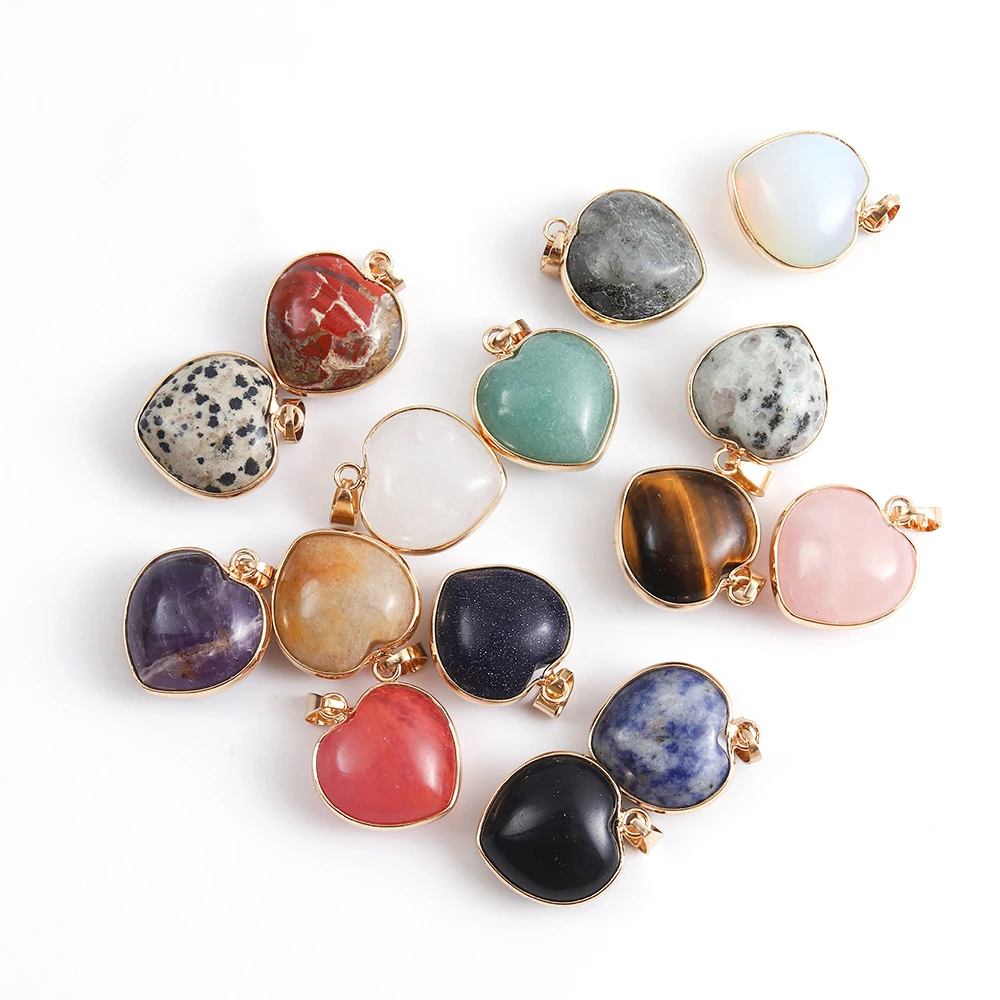 1 Stück vergoldete Kante Herz Anhänger Charms Naturstein Halskette Weißer Rosenquarz für DIY Schmuckherstellung Frauen Geschenk