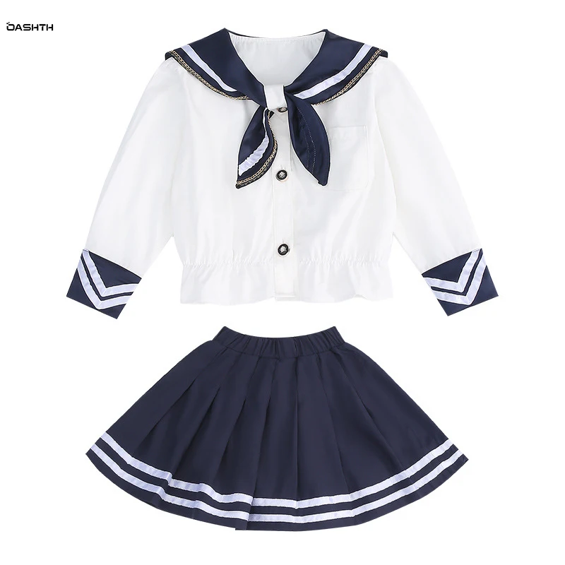 

OASHTH Girls suit new spring and autumn children's college style skirt girl baby navy collar two-piece set