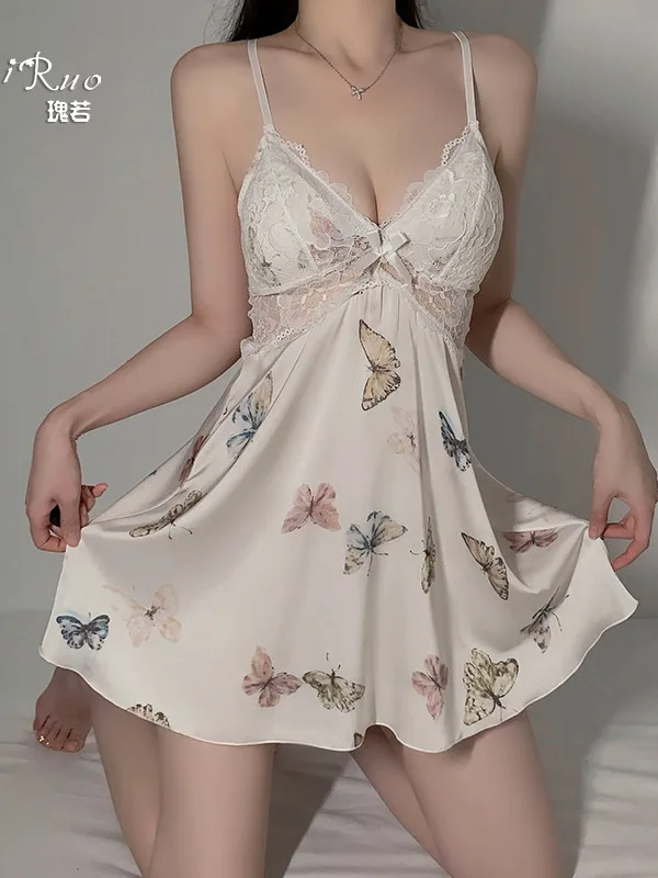 2024 New Sexy V-neck Hollow Out Bow Lace Sheer Butterfly Sweet Printed Sling Dress Women Cinching Waist Slim A-line Dress 4R2O