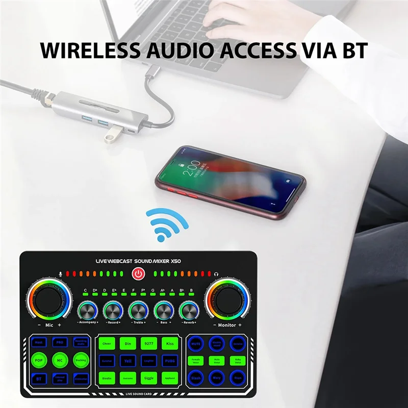 

Dropship-X50 Live Sound Card Audio Mixer Recording Desktop Singing BT OTG Digital Lossless Transmission For Podcasting Gaming
