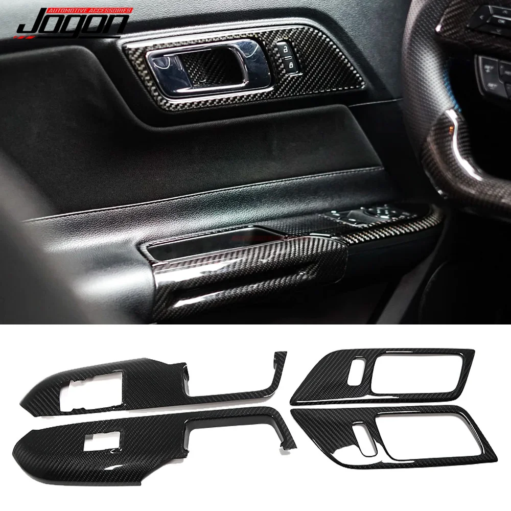 Real Carbon Fiber Door Handle Window Lifter Control Switch Button Panel Cover Sticker Trim Interior For Ford Mustang 2015 -2021