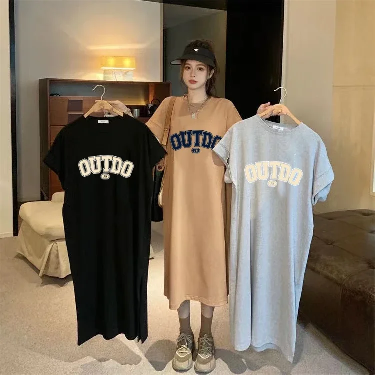 

2025 Summer New Loose Casual Short Sleeved Female Dress Cute Letter Print Women Round Neck Mid Length Skirt