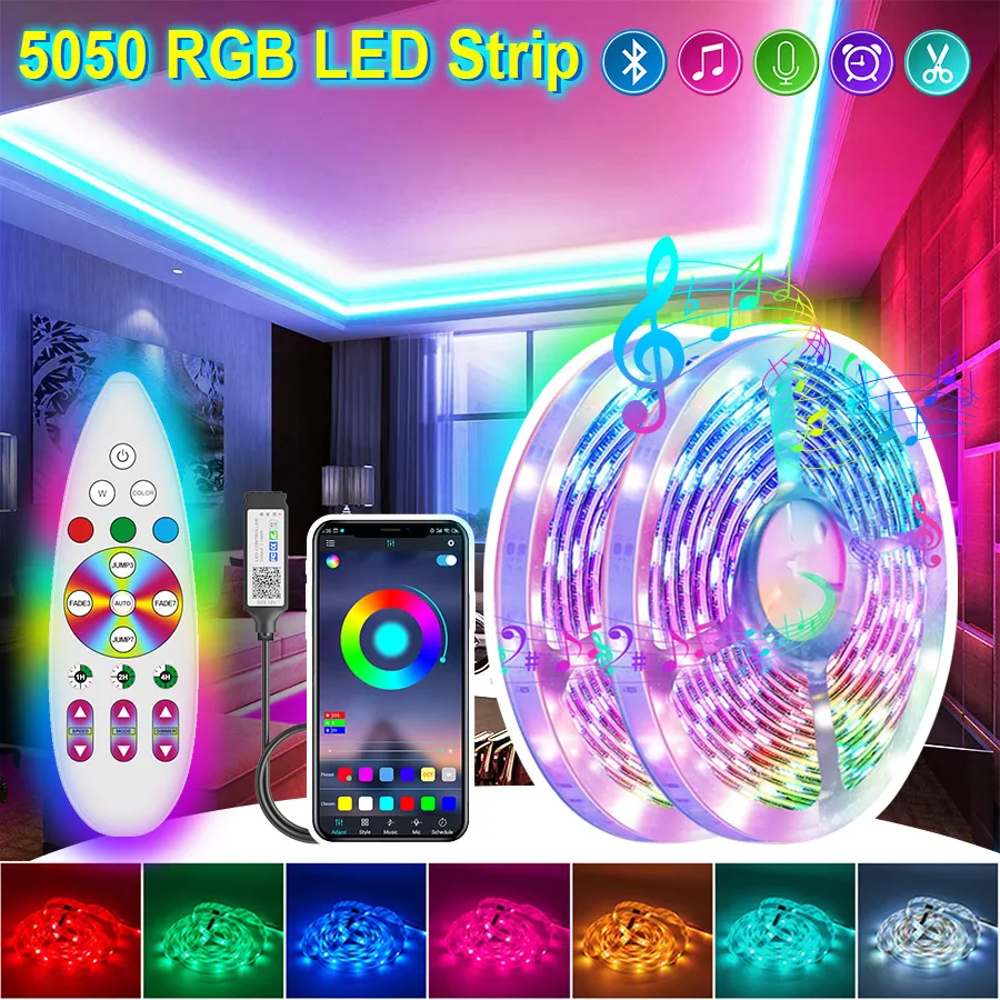 

5050 RGB LED Strip Lights 5M-30M Bluetooth Flexible Tape Waterproof LED Diode Ribbon For Room Decoration BackLight TV