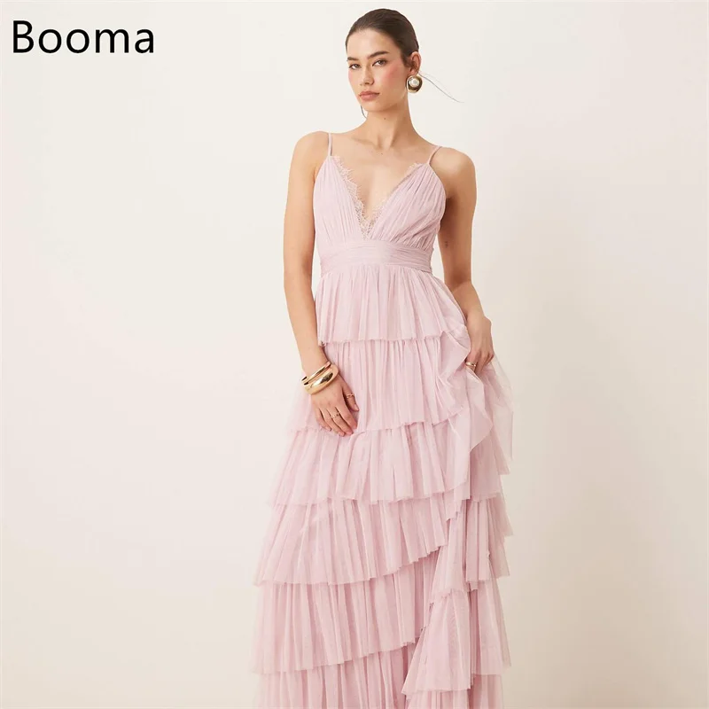 

Booma A-Line Spaghetti Strap Lace Prom Dresses Tulle Formal Gowns for Women Long Simple Pink Pleat Evening Dress Customized 2025