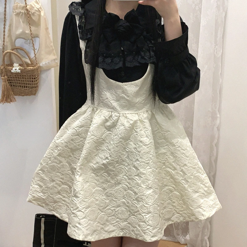 Victorian Vintage Lolita Blouses Women White Kawai Lace Peter Pan Collar Rose Bow Chiffon Shirts Black Elegant Long Sleeved Top