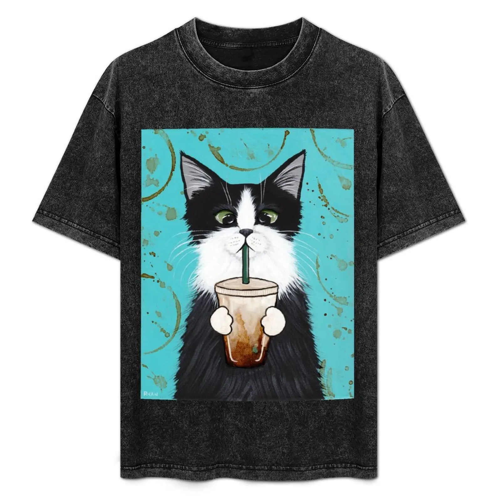 

Футболка с абстрактным принтом «Кот в смокинге и кофе со льдом»