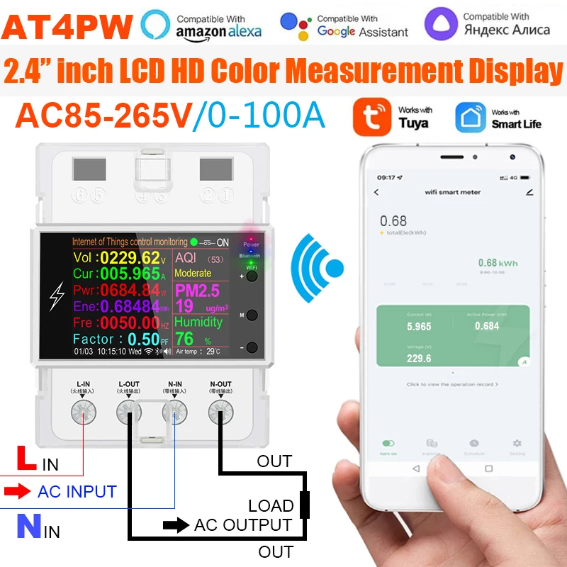 Digital Power Energia Din Rail Interruptor Inteligente Controle Remoto Volt Amp Kwh Fator Medidor de Freqüência At4pw ac 110v 220v 100a Tuya Wi-fi