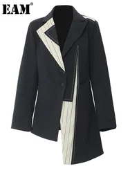 [EAM] Frauen Marineblau Gestreiften Unregelmäßigen Eleganten Blazer Neue Revers Langarm Jacke Mode Flut Frühling Herbst 2024 1DH5930