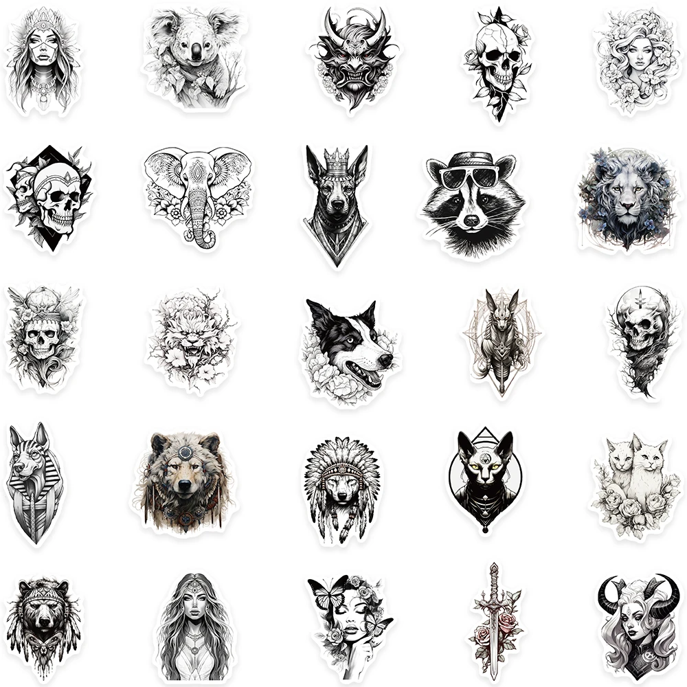 50PCS Retro Gothic Tattoo Cat Animals Demon Flower Black White Stickers Aesthetic Bike Book Bottle Laptop Waterproof Sticker