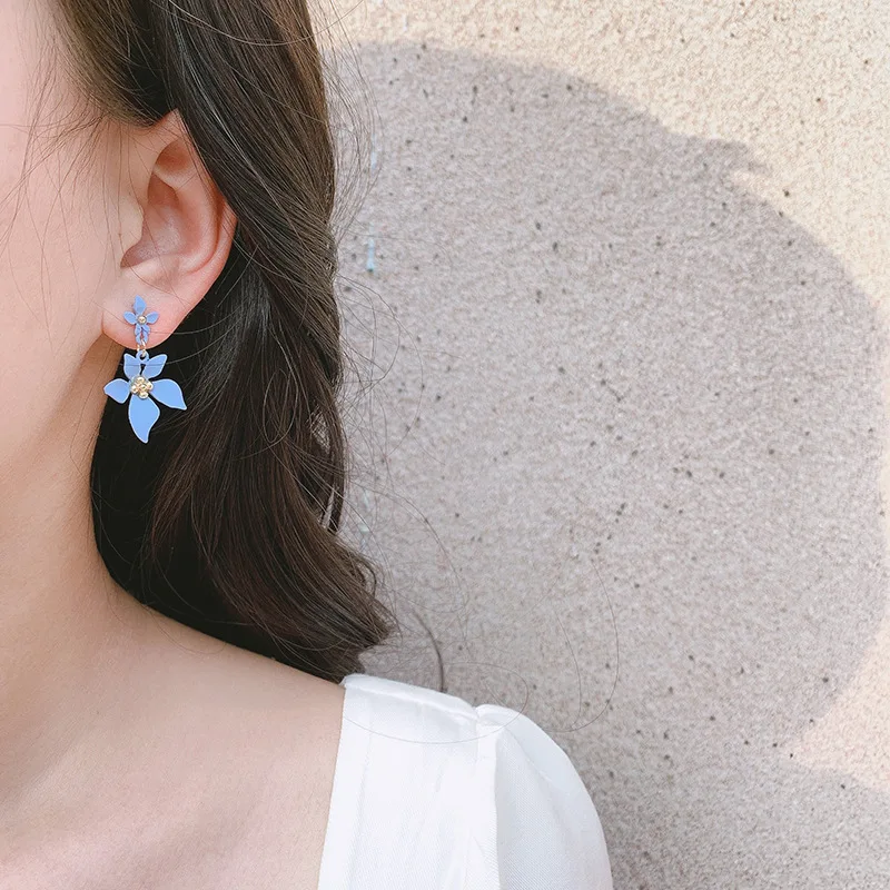 Kiss Jewelry Blue Camellia Flower Petal Dangle Earrings for Women Korean Fashion Floral Temperament Drop Earring Jewelry Gift
