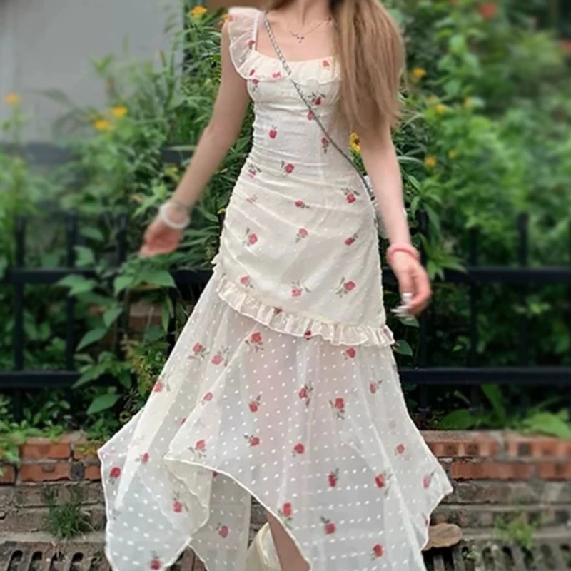 Houzhou elegante süße Blumen kleid Kokette Kawaii Resort Kleid Tull ärmellose sexy unregelmäßige Sommer Patchwork lange Kleider