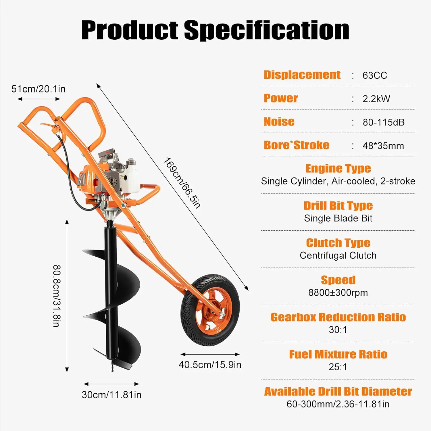 63Cc 2-Stroke Auger Post Hole Digger, 2200W Gas Powered Earth Auger Borer Ground Drilling Machine, 8800Rpm High Speed Earth