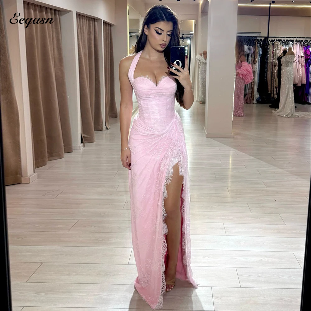 

Vestidos De Fiesta Pink Lace Prom Dress Women's Evening Dresses Wedding High Slit Customized Mermaid Gown Gala Long Elegant
