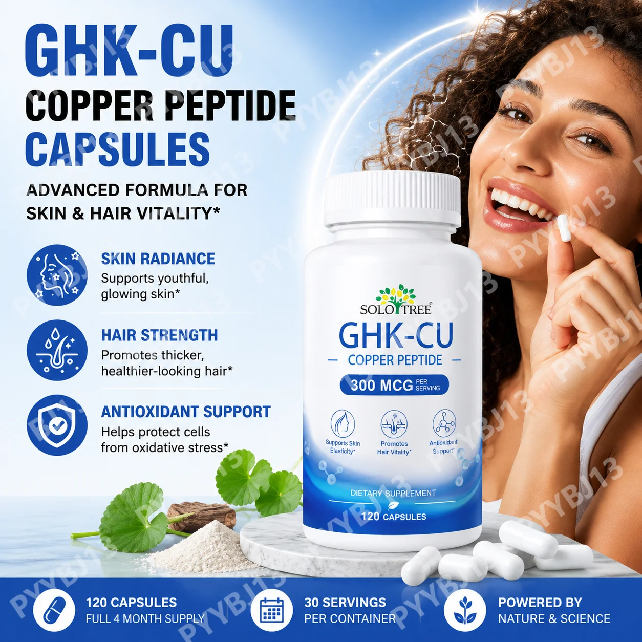 SOLOTREE GHK‑Cu Copper Peptide Capsules, 300mcg Liposomal Formula with Biotin & Phytoceramides,120 Count, Boost Skin Elasticity