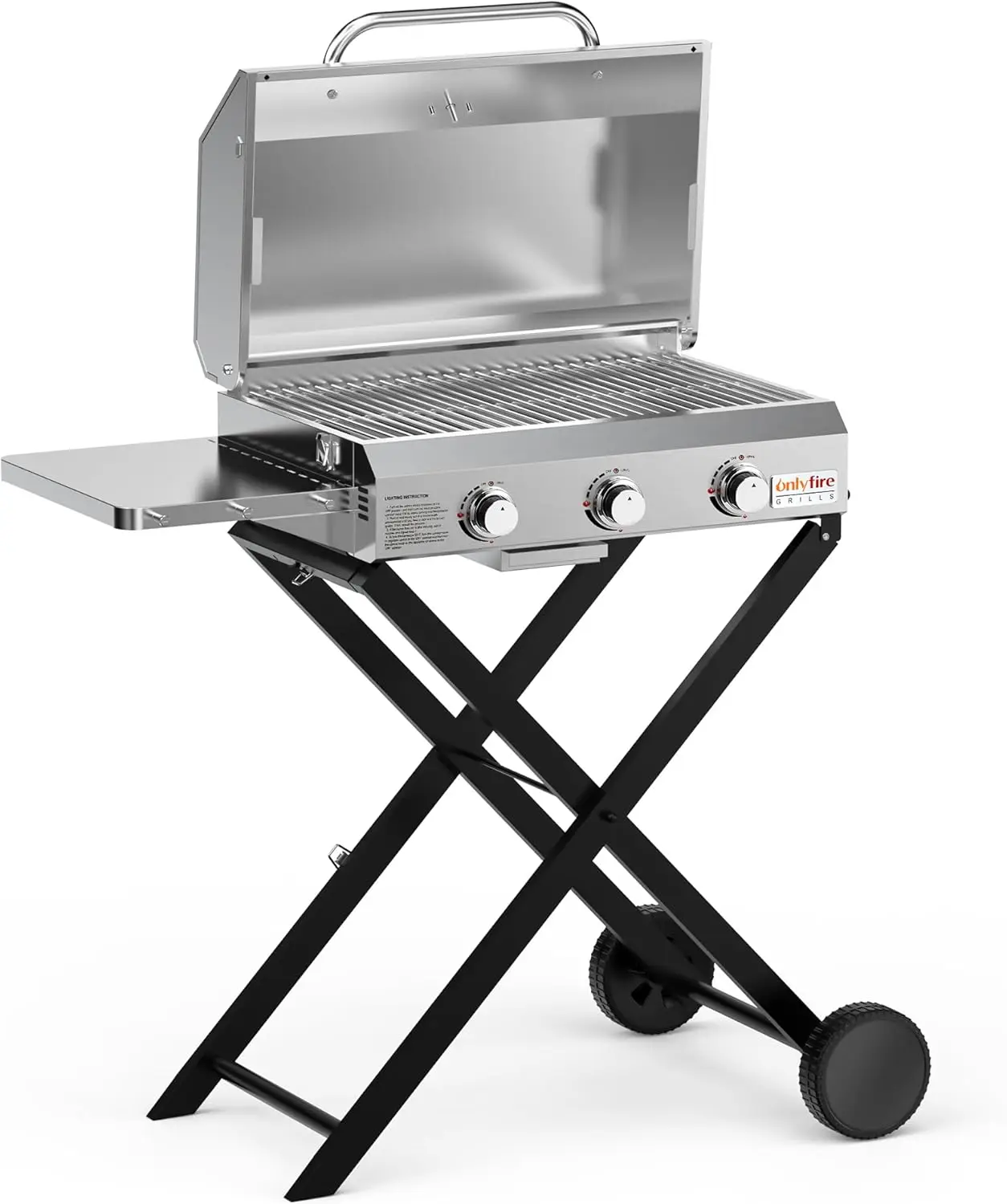 BBQ Gas Grill 3-Burner with Foldable Cart & Side Table, Portable Propane Grill with Lid for Outdoor Patio, Stainless Steel