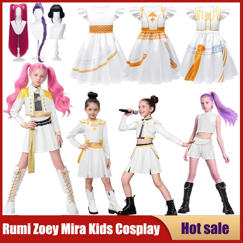 

Movie Kpop Demon Hunters Girl Cosplay Costume Mira Rumi Zoey Kids 3D Printed Fancy Dress Carnival Party Child White Singing Suit
