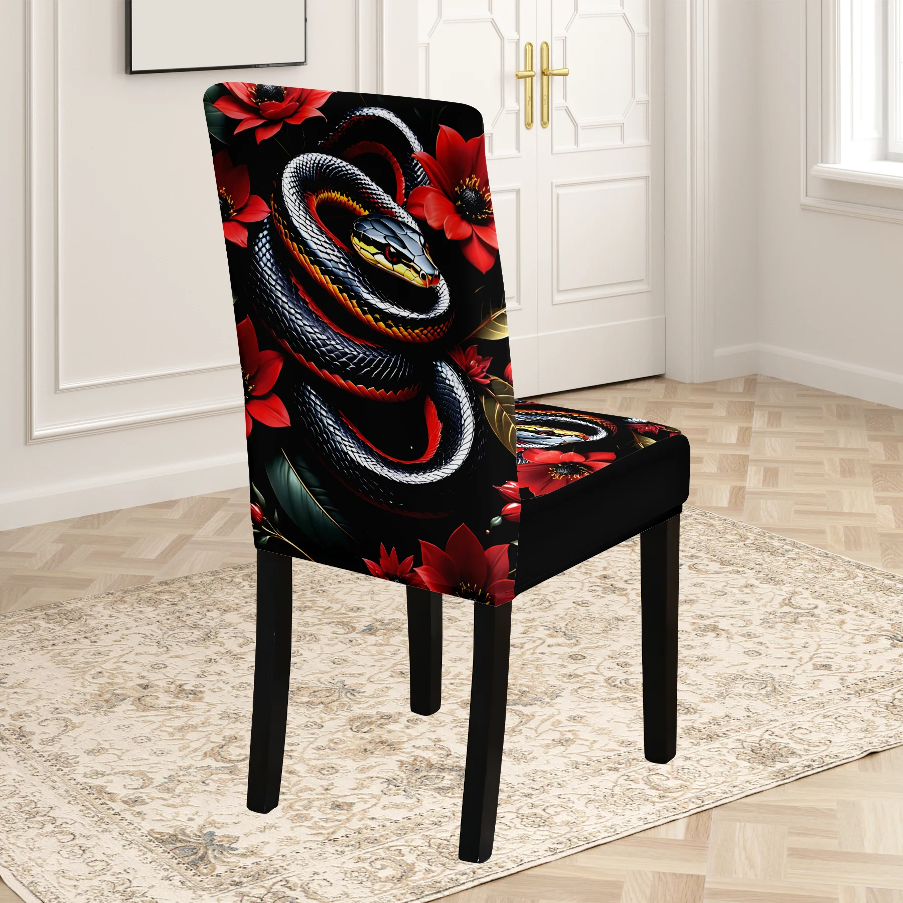 2D 2024 New Elastic Full - Coverage Chair Cover, Cool Snake & Red Flower Print, Summer Outdoor & Indoor