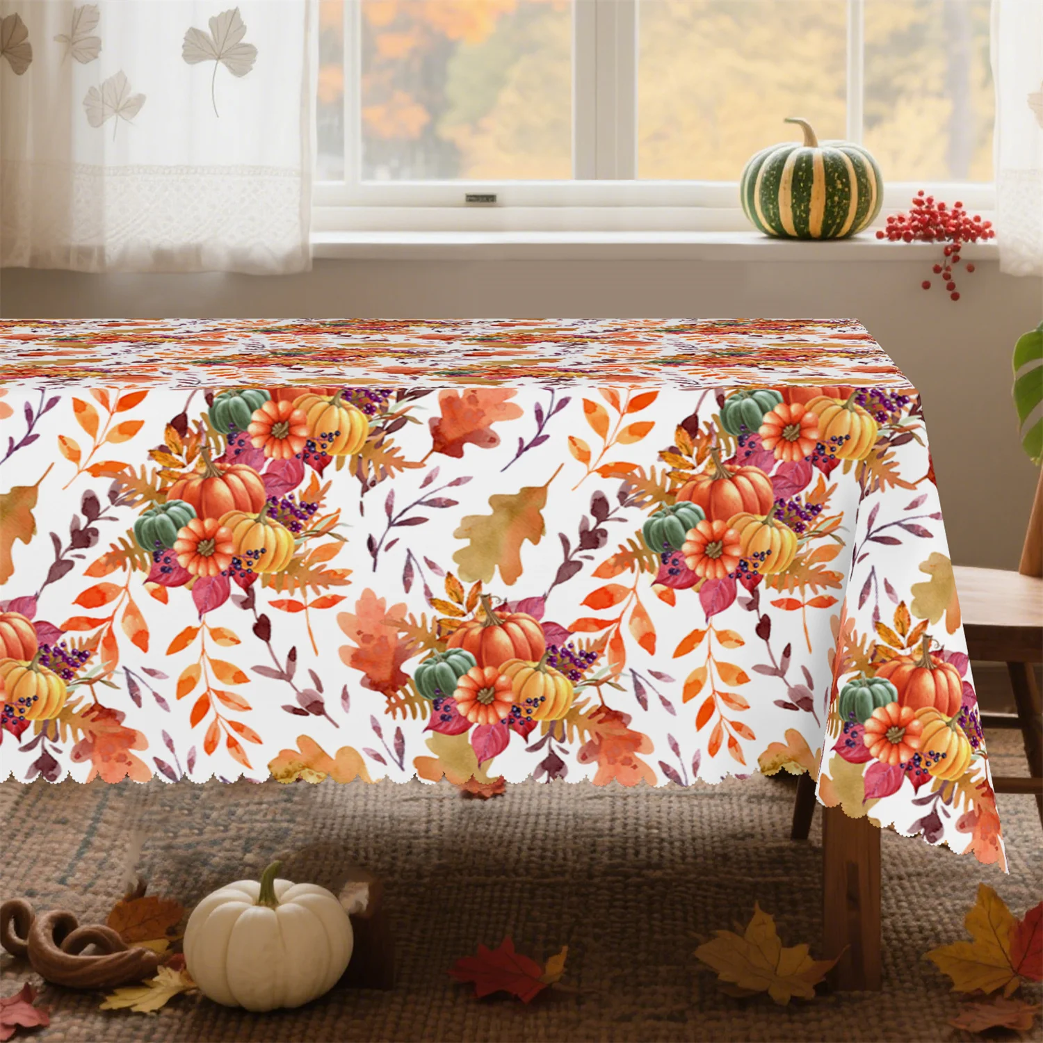 White background pumpkin berry branches and leaves autumn tablecloth, one set, suitable for Thanksgivingzyc