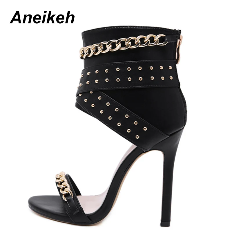 Aneikeh 2024 Sexy Rivet Metal Decoration High Heel Sandals Women Cover Heel For Party Gladiator Ladies Shoes Black Size 35-40