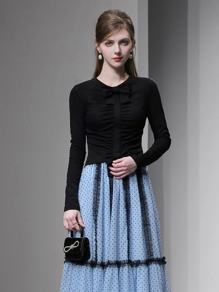 

Весна 2026: Женский вязаный топ с длинным рукавом, круглым вырезом, узлом на талии, из смесового полиэстера и хлопка, для повседневной носки