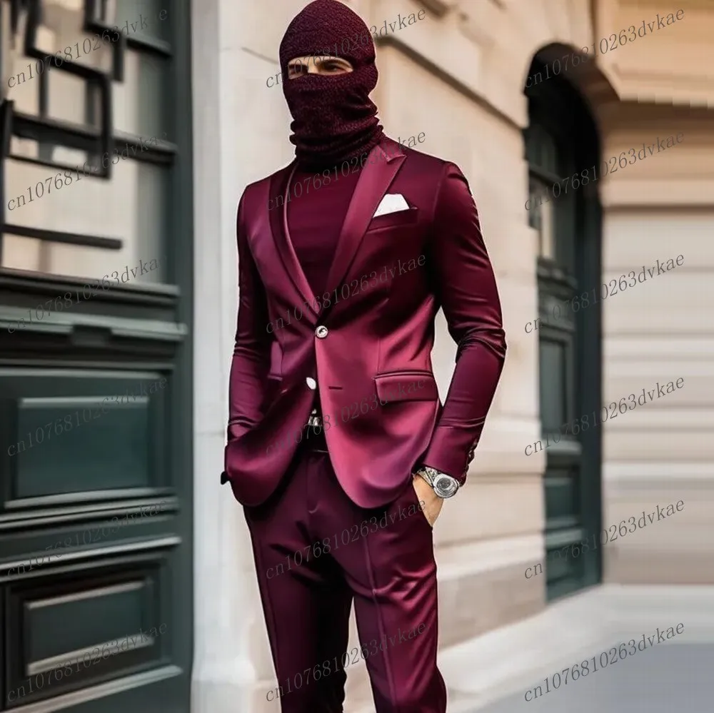 

New Burgundy Satin Formal Occasions Business Men Suit Groom Groomsman Wedding Party Prom Male 2 Piece Set Tuxedos Blazer Pants