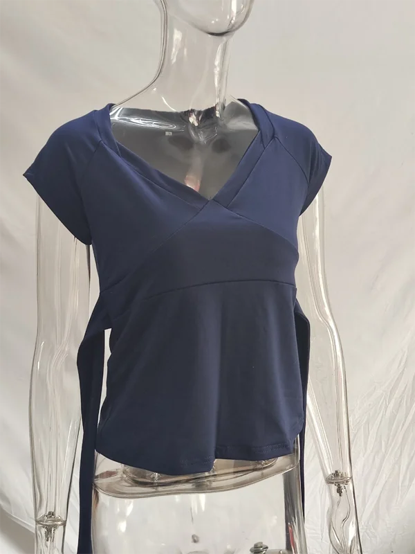 2026 Sommer Neues Damen Kurzarm-T-Shirt mit V-Ausschnitt, Slim Fit Crop Top mit Rückenbanddetail, Y2K Lässige Streetwear Vintage Mode-Oberteil – Detail 8