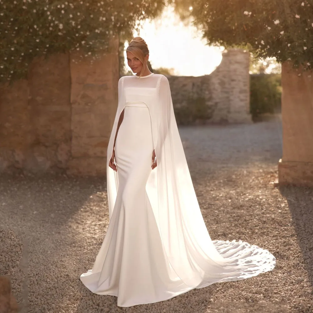 

Pearls Wedding Dresses Mermaid Spaghetti Straps Satin Detachable Cape Summer Bride Gowns Backless vestidos de fiesta elegantes