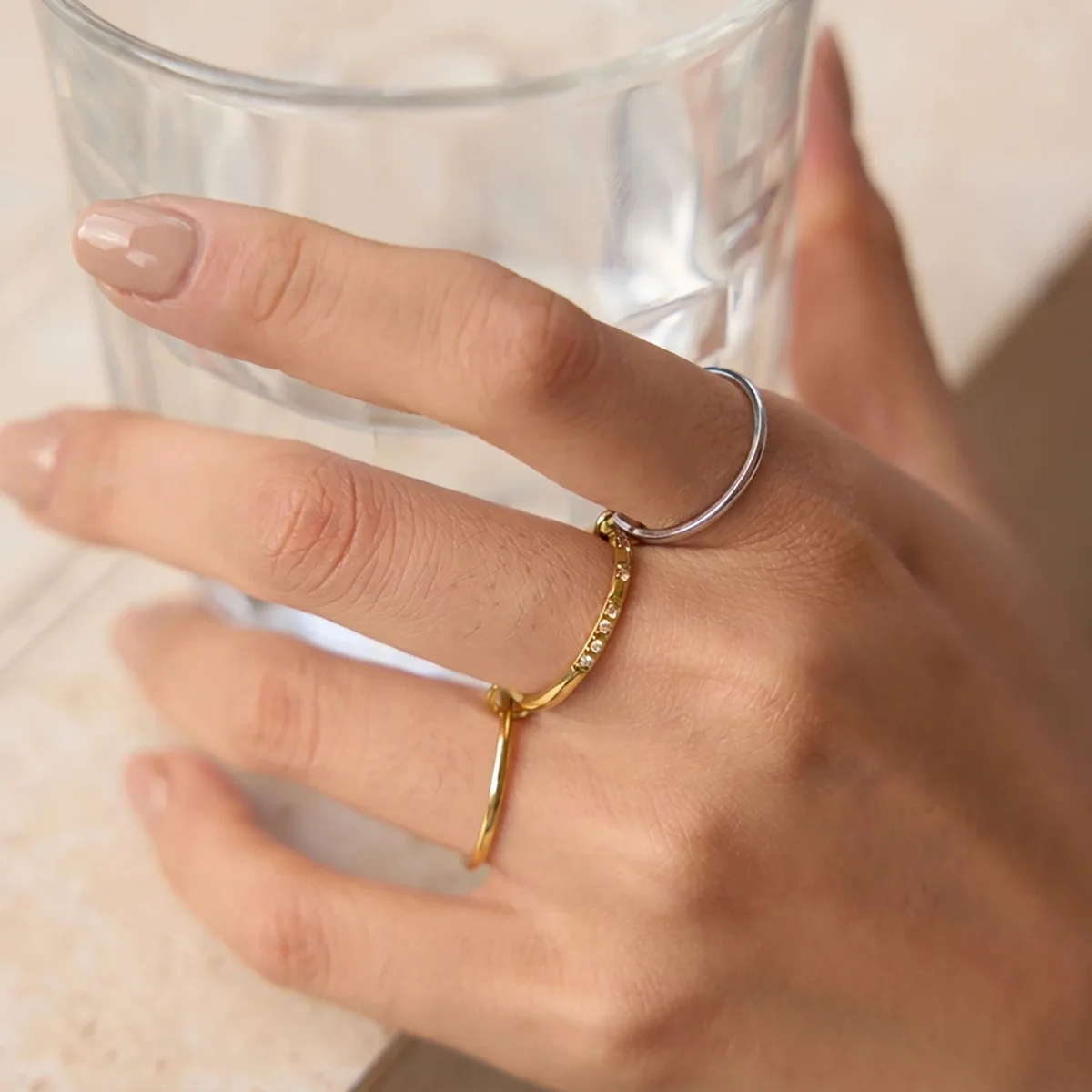 2026 European and American fashion trend versatile 18k gold-plated stainless steel multicolour stacked rings back-to-school gift