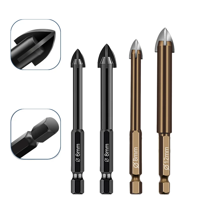 Ceramic Drill Cross Hex Tile Drill Bits with Four Blade for Glass  Concrete Pottery Porce Opening Hole Saw Woodworking Tools