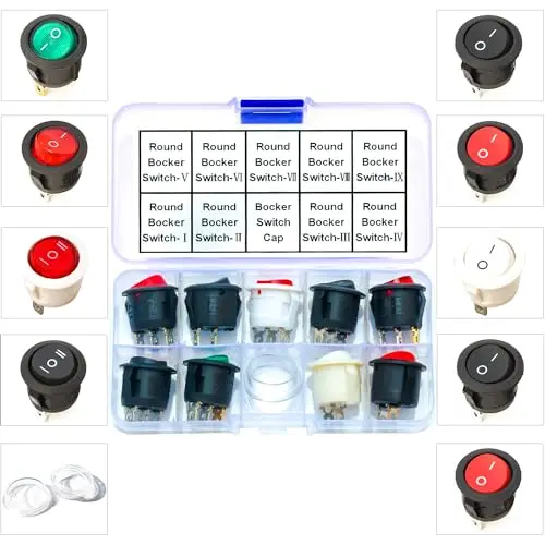 

20mm Round Rocker KCD1 Switch Assorted Kit, Round Rocker Switch 2Pin 3Pin Snap-in ON/Off ON/Off/ON