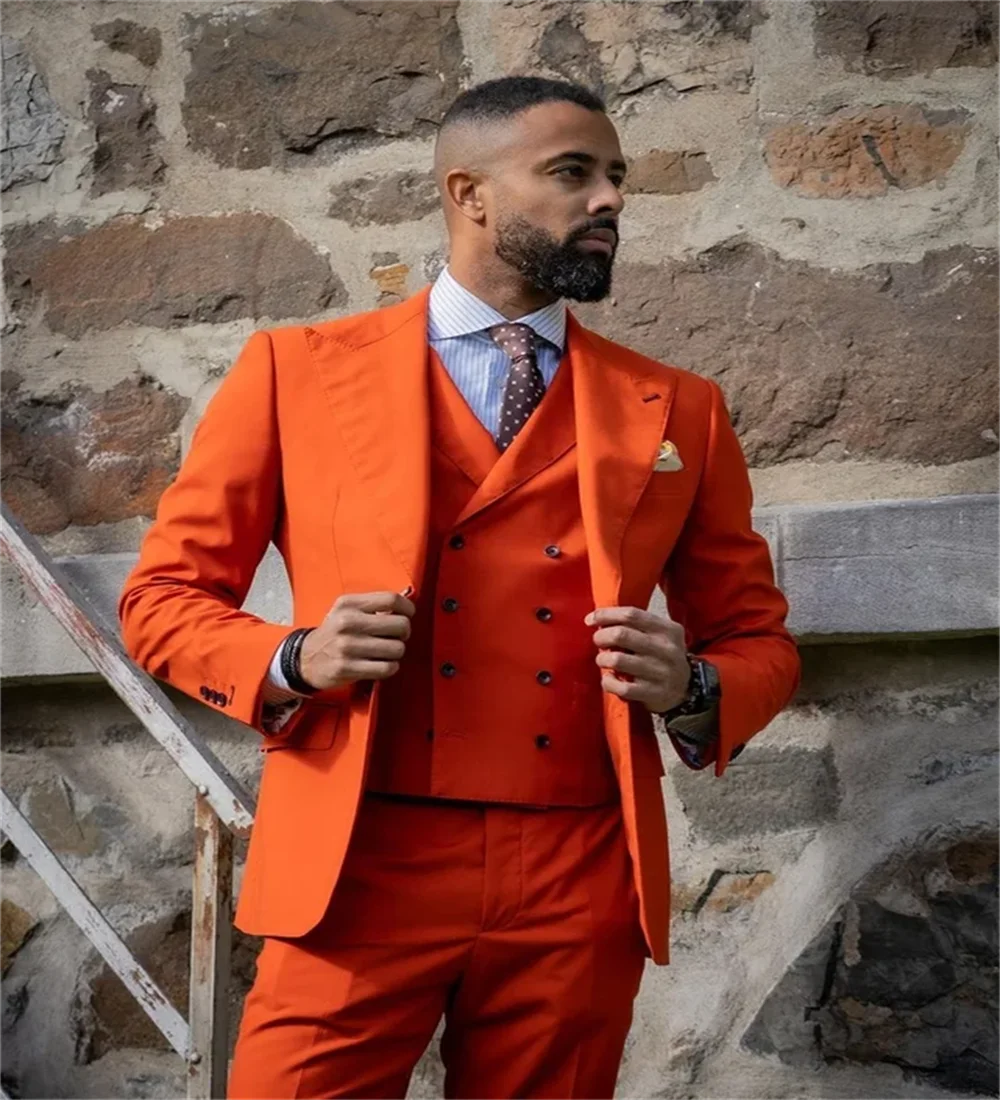 3 Pieces Custom Made Men Suits Dark Orange Groom Tuxedos Peak Lapel Groomsmen Set Wedding  ( Jacket + Pants + Vest  )