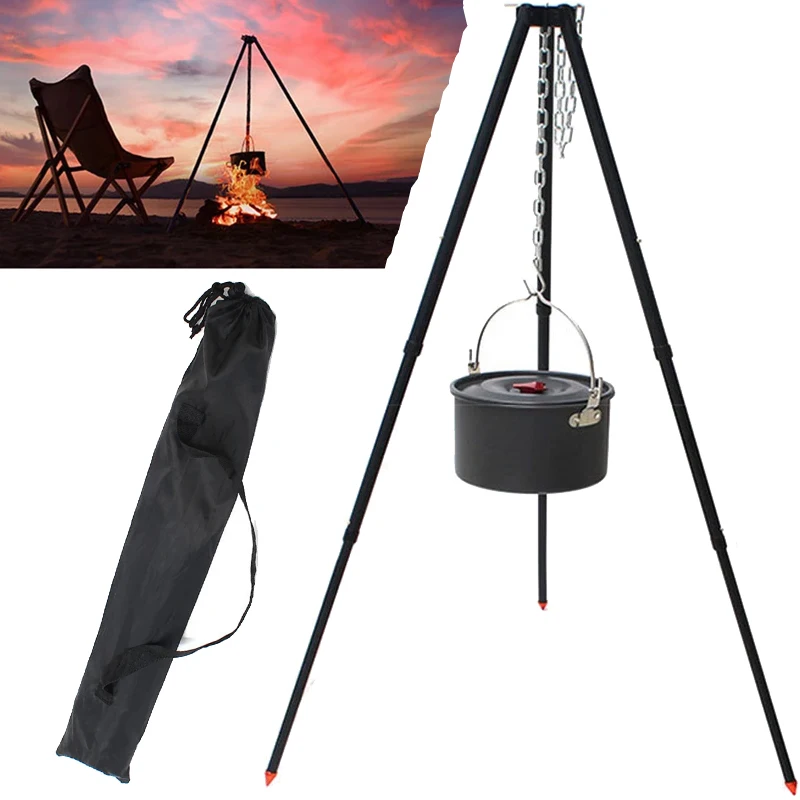 Portable Campfire Tripod for Camping Hanging Pot Outdoor Cookware Picnic Cooking Pot BBQ Support Grill Rack Adjustable Tripod