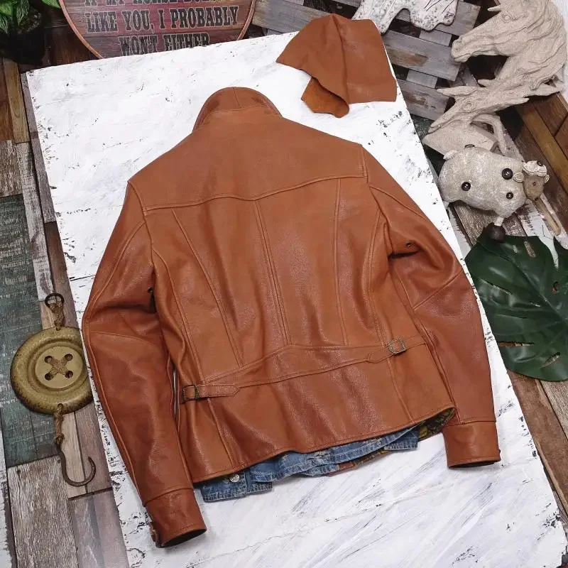 shipping.men Free quality light brown rider leather jacket.Classic style cool popular slim Buffalo hide coat,fashion biker