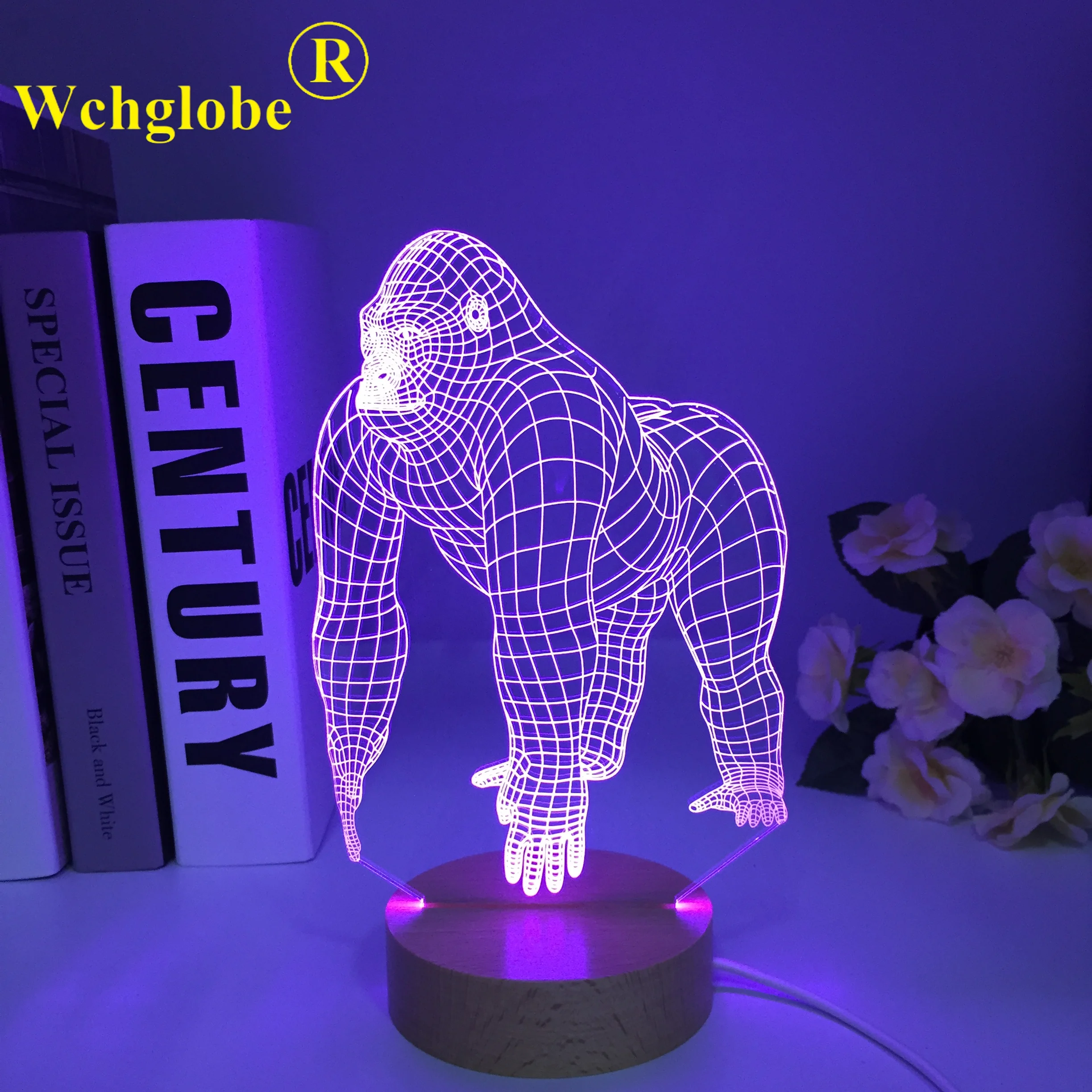 Animal Orangutan Gorilla Chimpanzee Round Wooden 3D USB LED Lamp Touch Wood Color Changing Mood Illusion Table Decor Night Light