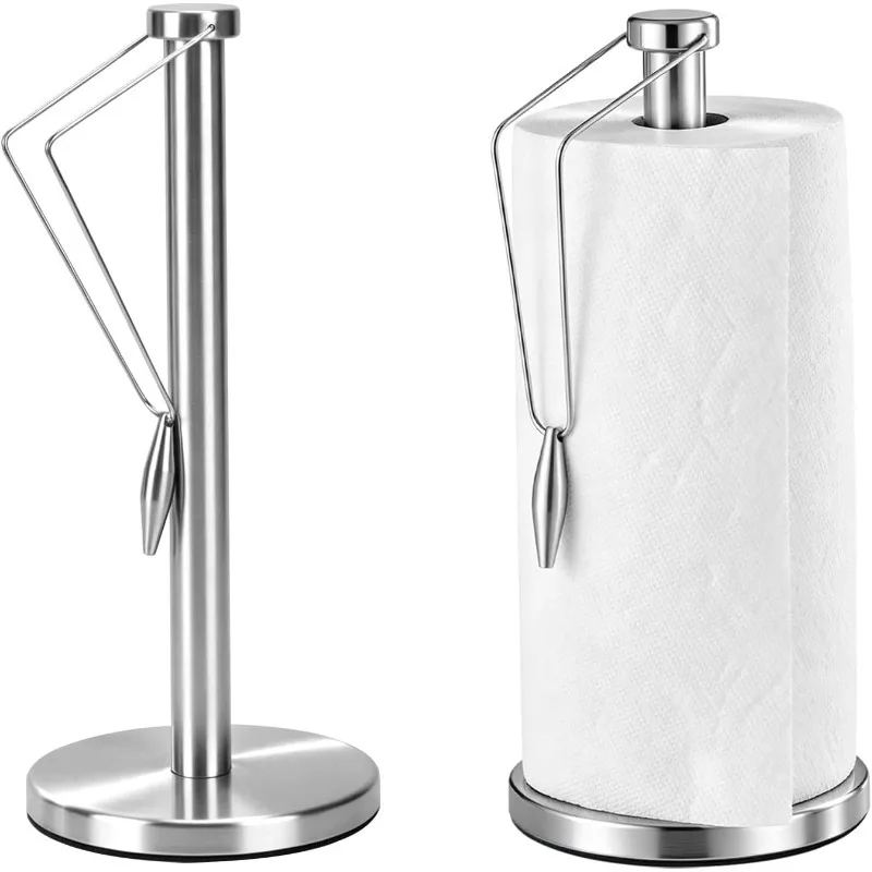 1Pc Paper Towel Holder Countertop, Stainless Steel Paper Roll Holder with Weighted Base Freestanding Paper Towel Dispenser with Side Retaining Arm for Kitchen Bathroom Tabletop, Silver