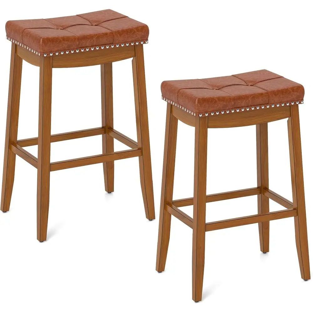 Pair of 29 High-Back Bar Stools with Leatherette Seats and Rubberwood Legs for Kitchen Island or Home Bar