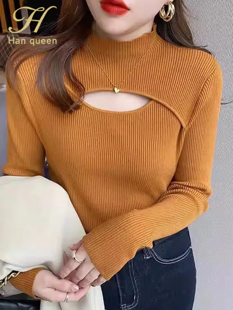 

H Han Queen Autumn Winner Knitted Pullover Sweater Hollow Out Base Elastic Soft Long Sleeve Vintage Casual Tops Korean Women's
