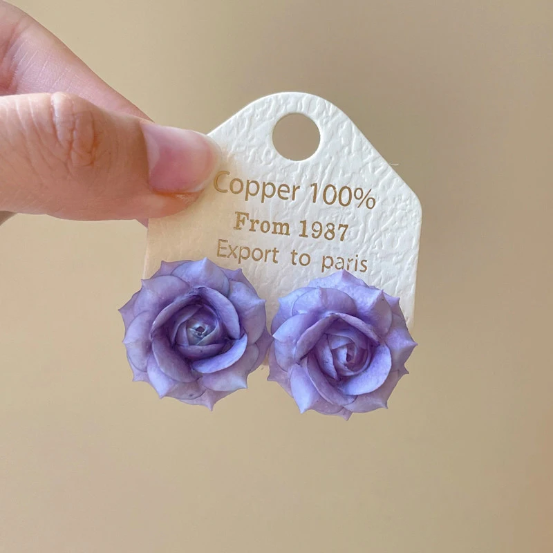 Lavender Purple Stereo Resin Rose Flower Stud Earrings Women Fairy Cottagecore Romantic Ear Studs Charms Dating Wedding Jewelry